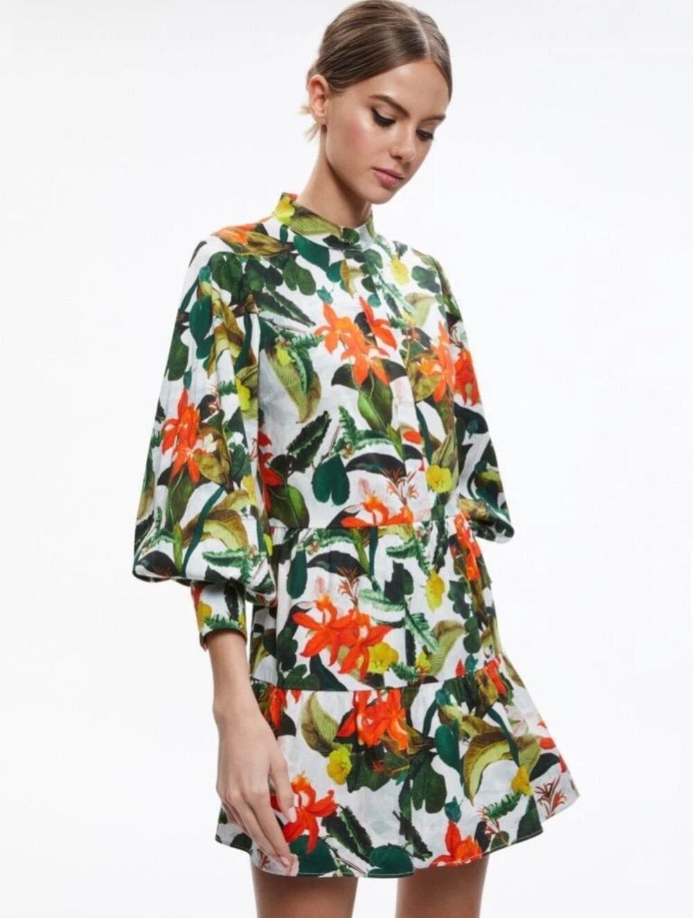 Alice + Olivia Cailin Tropical Mini Dress XL Sunrise Hawaiian Floral Midi $440